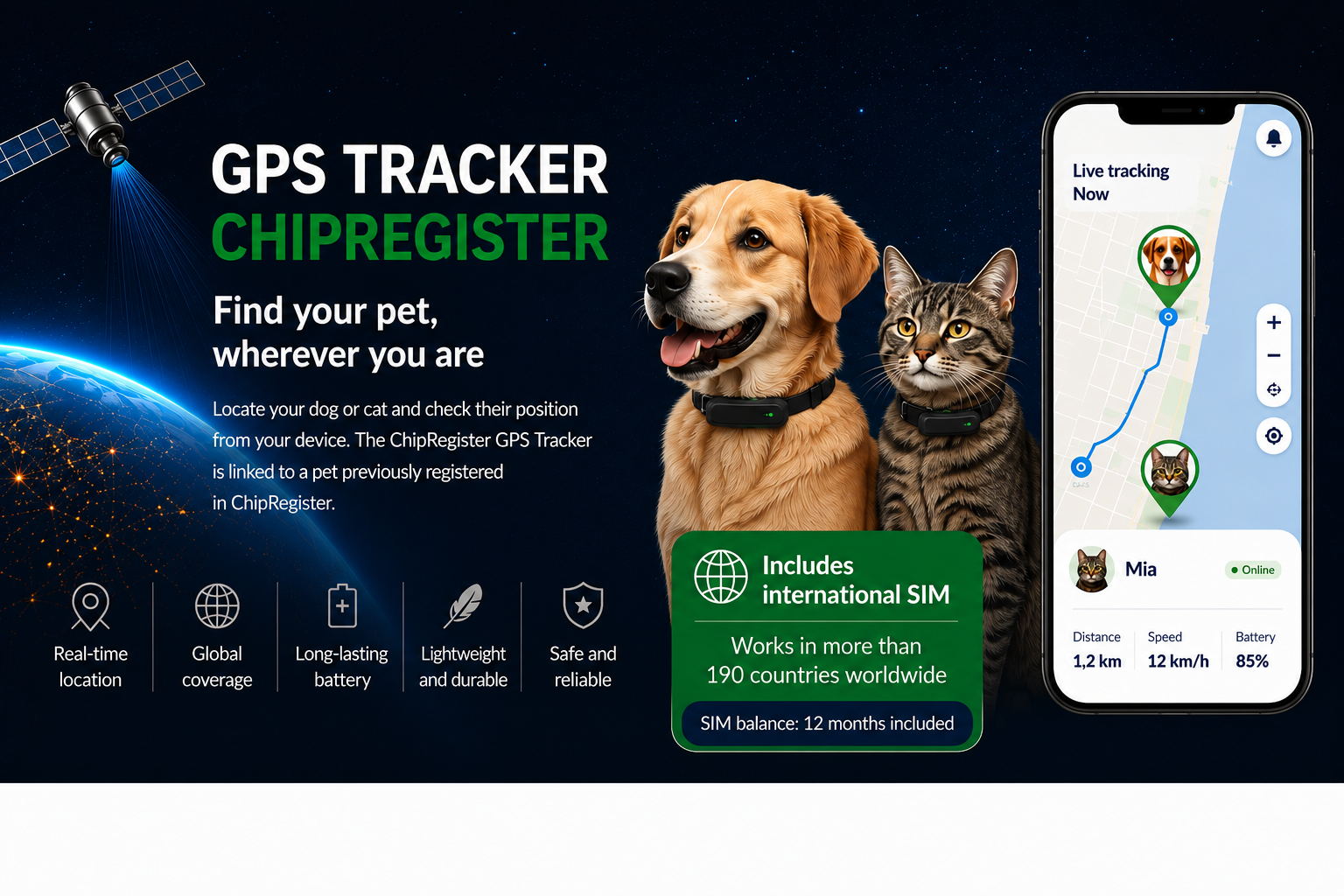 ChipRegister GPS Tracker for dogs and cats with international SIM and real-time location